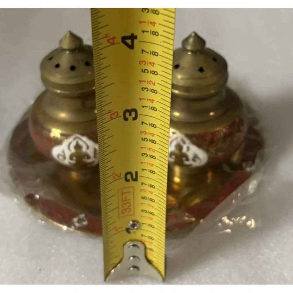 Vintage Siam Thailand Brass Enamel Buddha Salt Pepper Shakers Tray Red